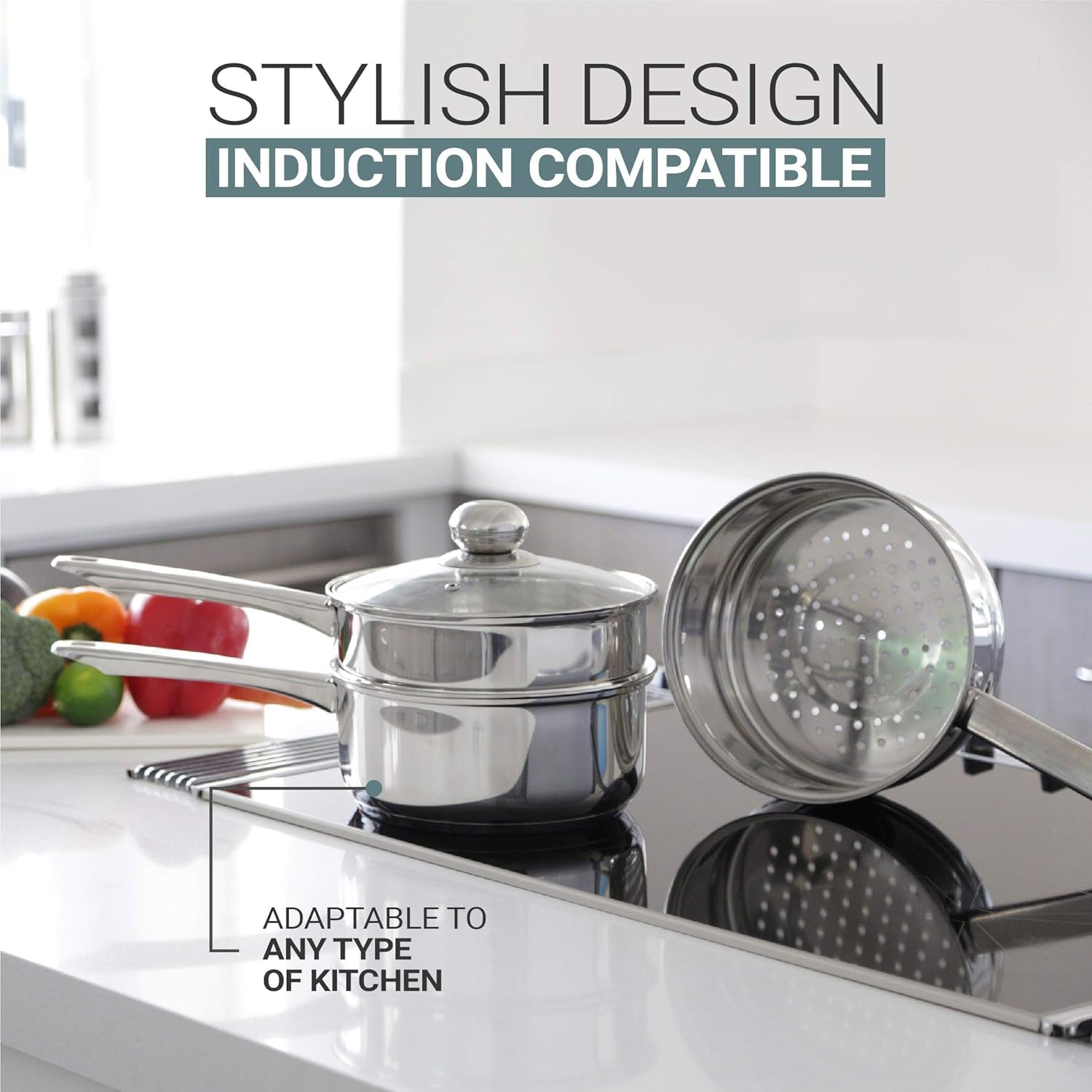 Stainless Steel Double Boiler with Tempered Glass Lid for Clear View While Cooking, Dishwasher (3 Qts & 4 Pieces)