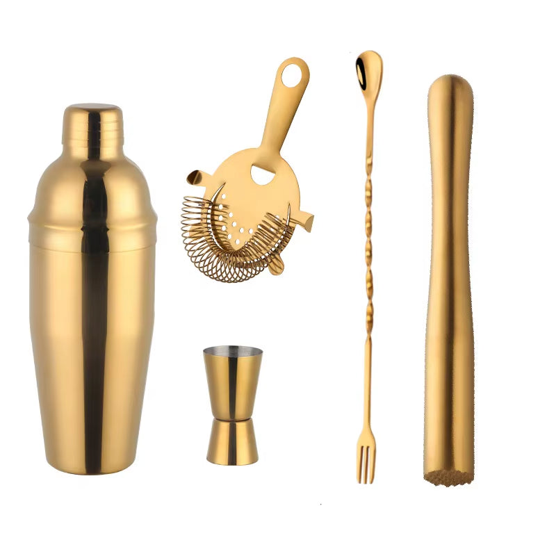 750ML Stainless Steel Boston Cocktail Set Shaker Wine Pourers Gold Bar Tool Set with Strainer Measure Cup Bartender