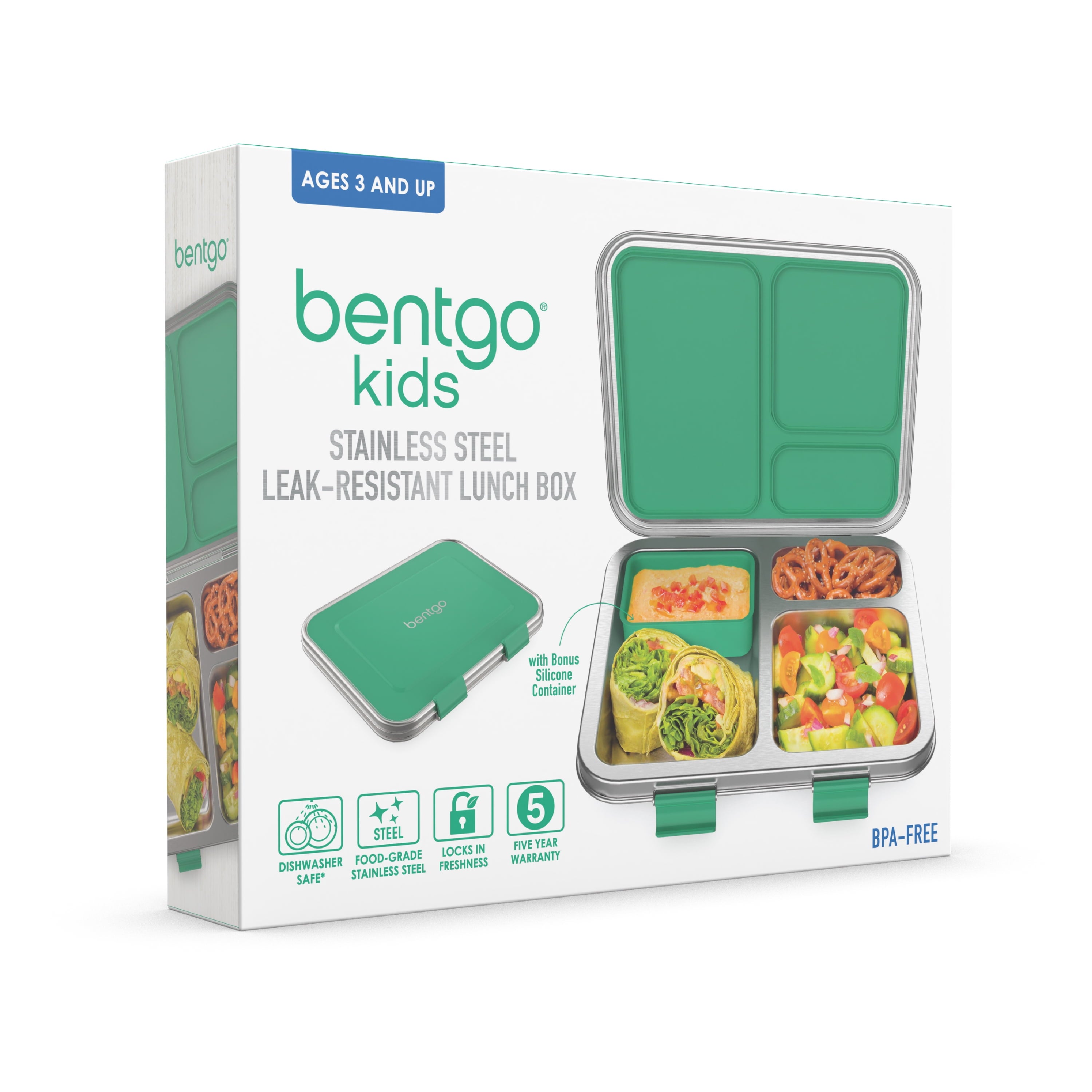 Stainless Steel Leak-Resistant Lunch Box - Bento-Style, 3 Compartments, and Bonus Silicone Container for Meals On-The-Go