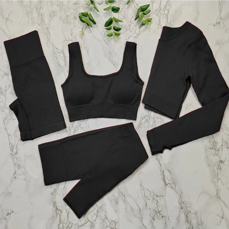 Ribbed Women Sets Fitness Suit Seamless Sportswear Sexy Gym Clothing Stripe Legging Long Sleeve Sport Outfits Woman Tracksuit
