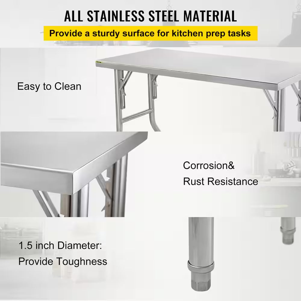 Commercial Prep Table 48 X 24 In. Stainless Steel Restaurant Table with Height Adjustable Kitchen Utility Table