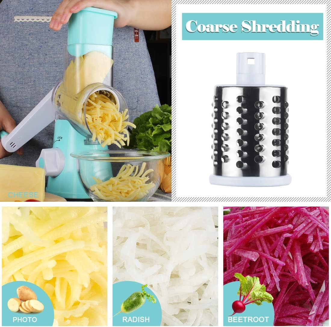 Rotary Cheese & Veggie Grater with 3 Blades – Hand Crank Slicer