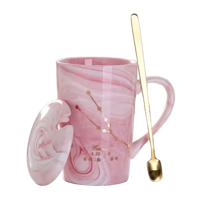 380ML Natural Marble 12 Constellation Ceramic Pink Zodiac Mug with Lid