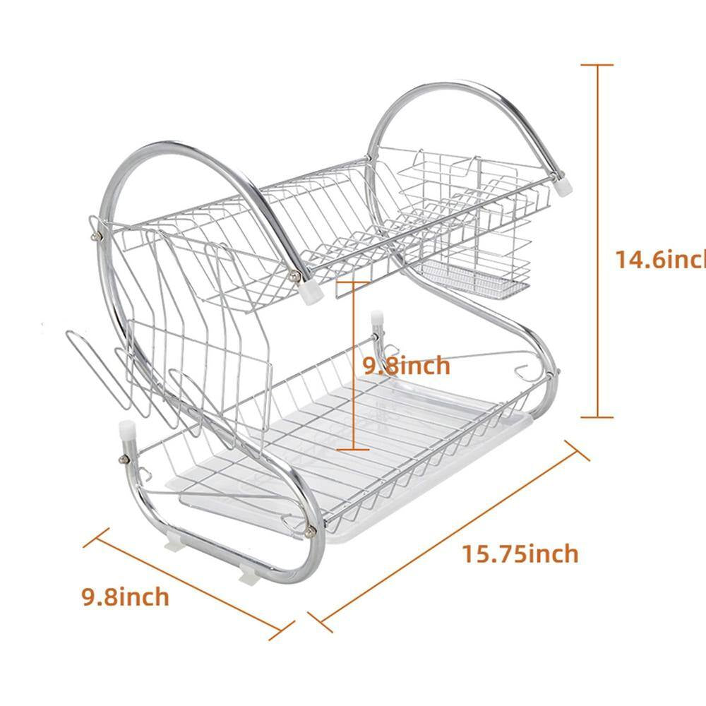 2-Tier Stainless Steel Standing Drying Dish Rack with S Shape Design, Kitchen Cutlery Holder Shelf