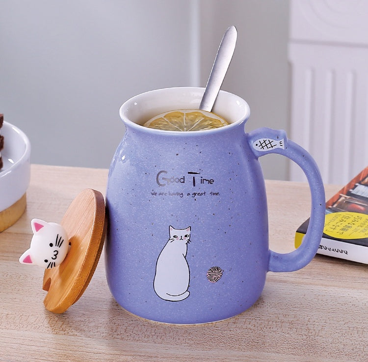 450ml Cartoon Cat Ceramic Mug with Lid & Spoon – Coffee, Tea, Breakfast Cup
