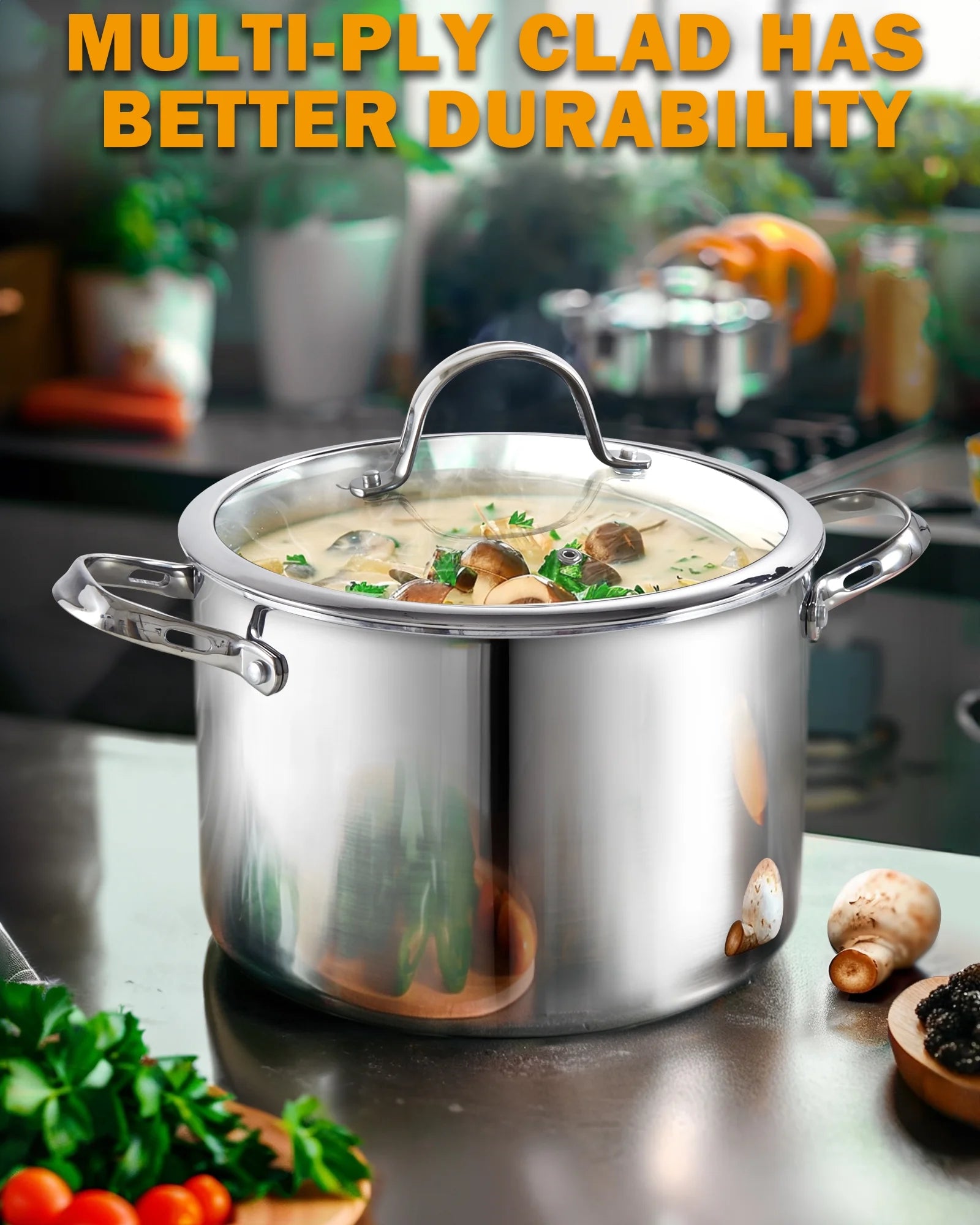 Stainless Steel Stock Pot, 8-Quart Multi-Ply Clad Cooking Canning Pot with Lid, Induction Stockpot, Silver