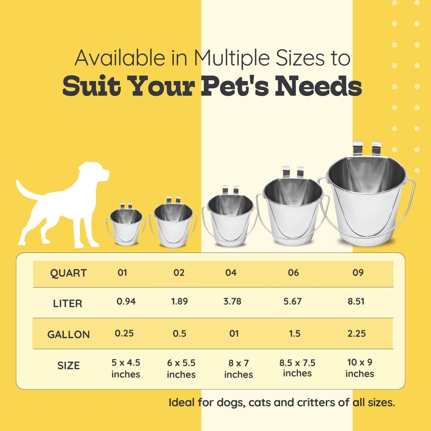1 Qt Stainless Steel Flat Sided Bucket with Dual Hooks, Multipurpose Use