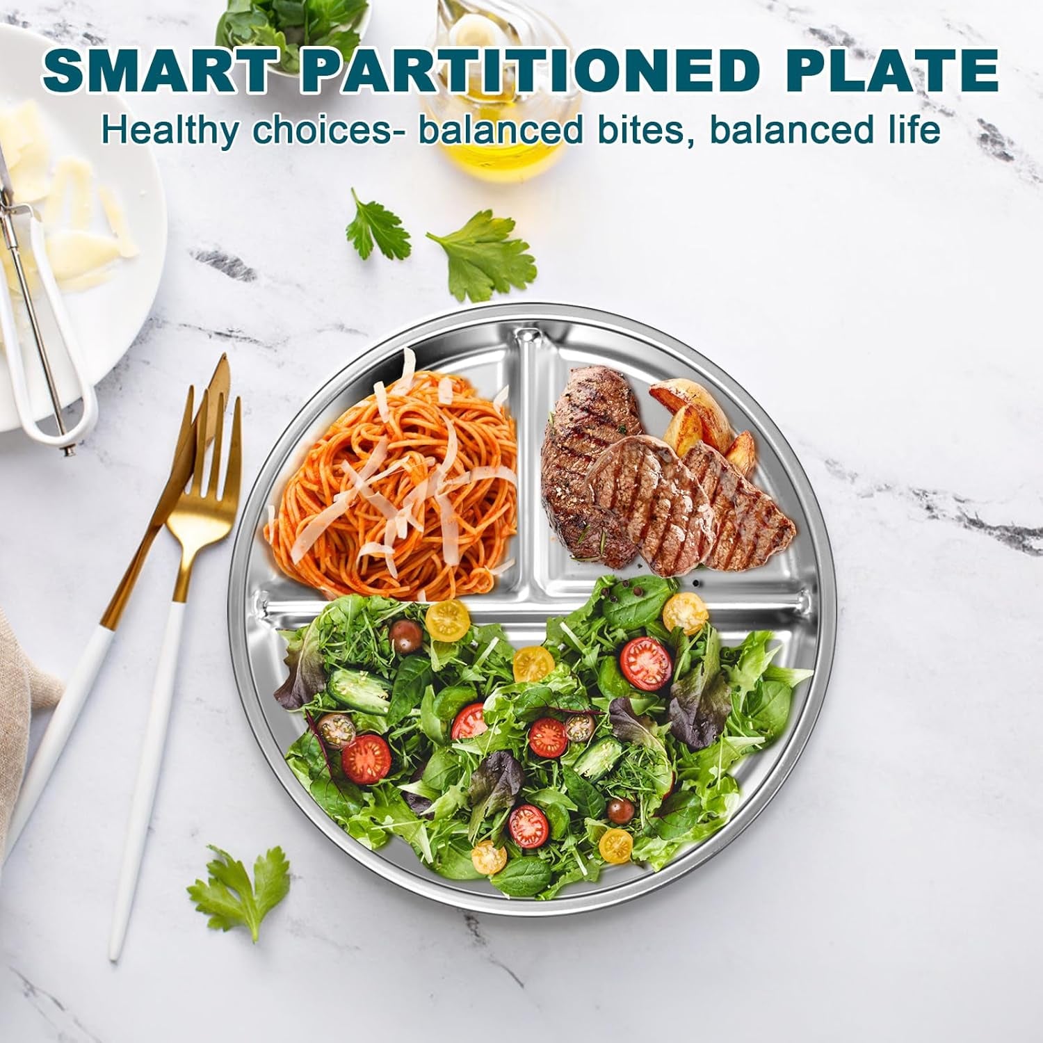 Stainless Steel Toddler Plate Set of 6, 9" Portion Control Plates Divided Plate, Non Slip and Dishwasher Safe