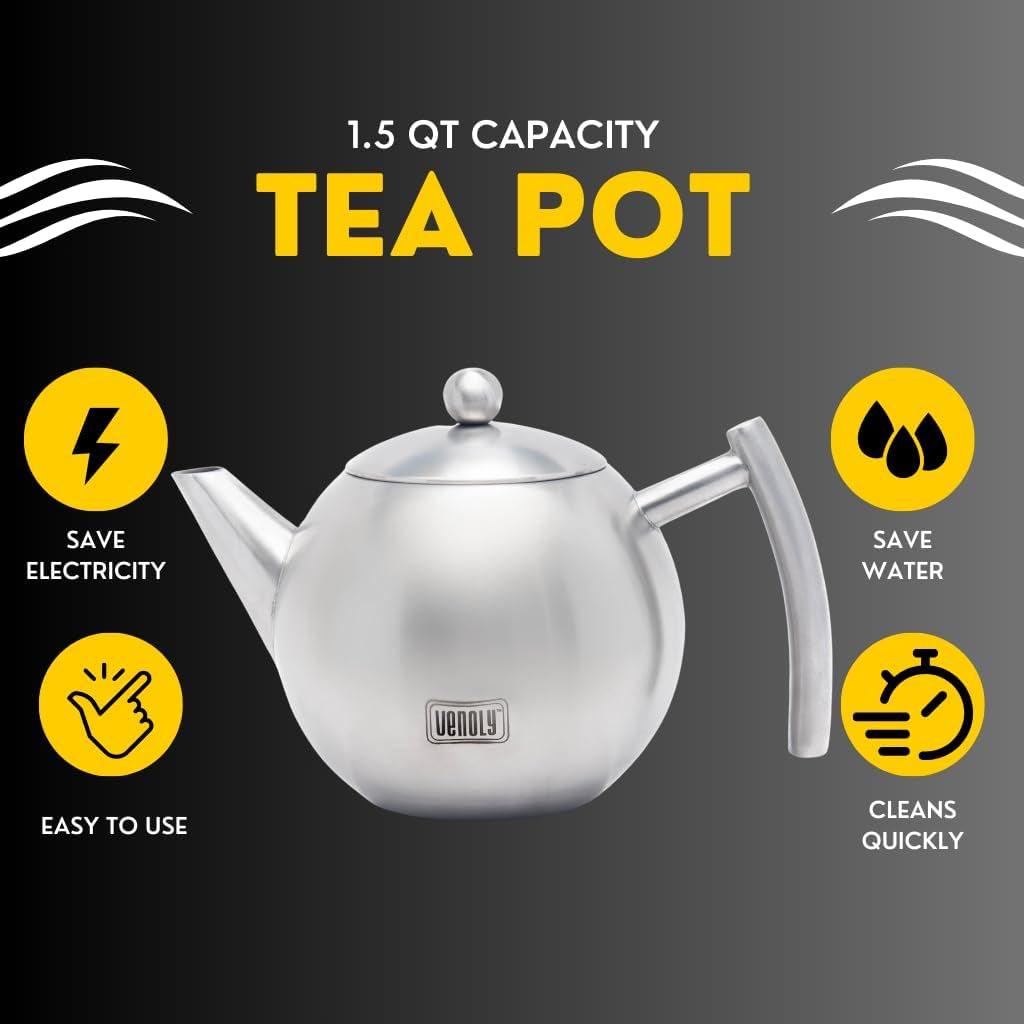 Stainless Steel Tea Pot with Removable Infuser for Loose Leaf and Tea Bags, Dishwasher Safe and Heat Resistant (Silver, 1.5 Liter)