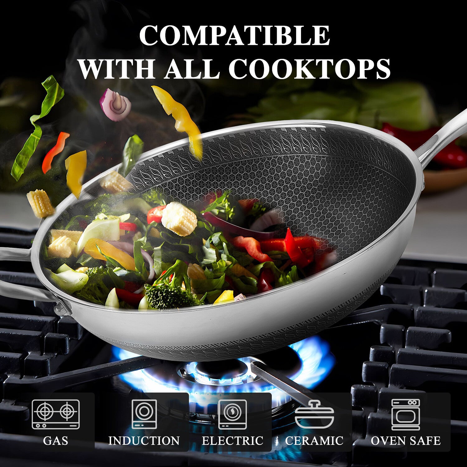 13" Large Honeycomb Wok Stainless Steel Nonstick Frying Pan Induction Cookware