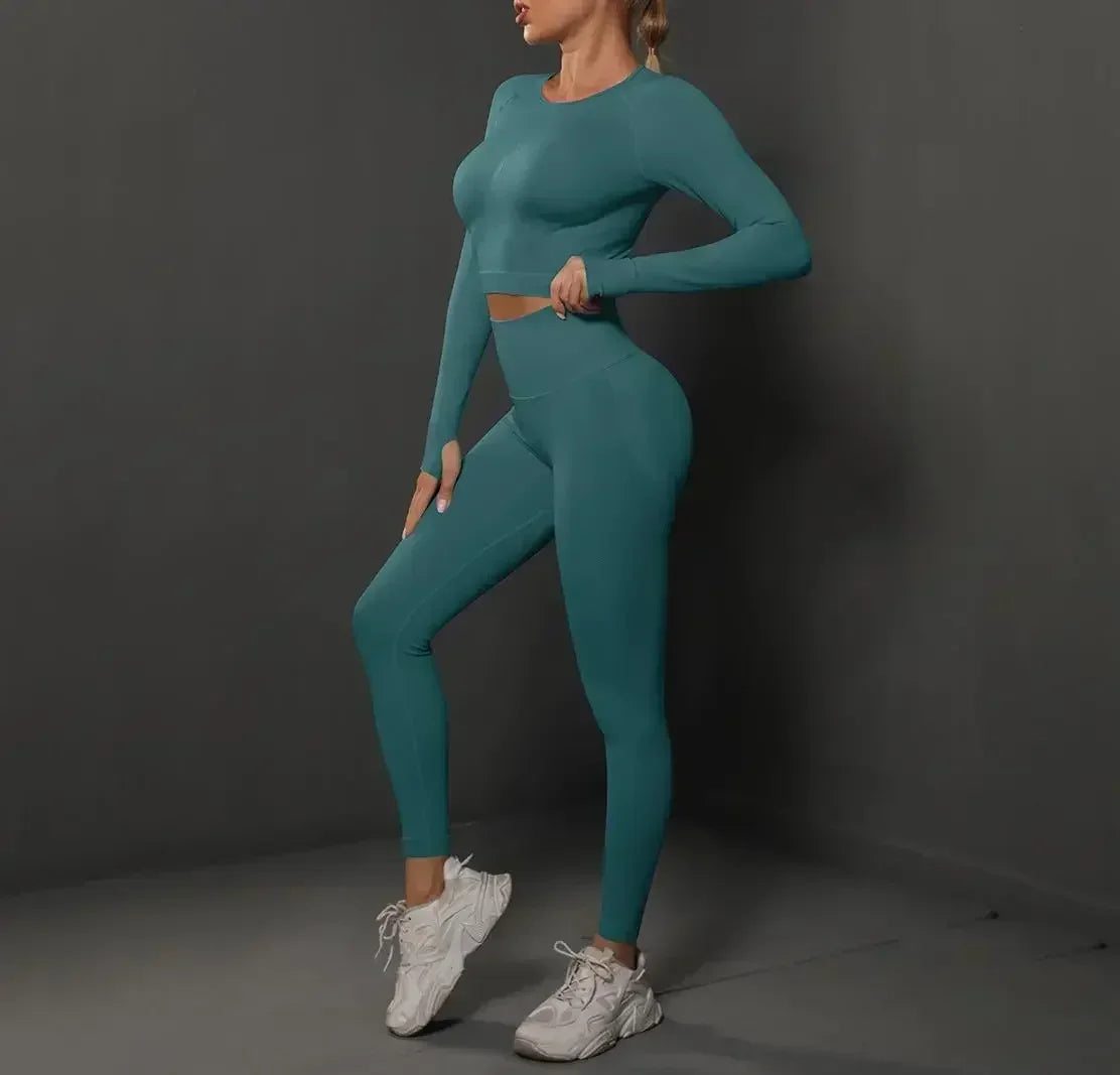 Women'S European and American Seamless Peach Tight Fitting Hip Lifting Yoga Suit Set, Sports Running Fitness Suit Two-Piece Set