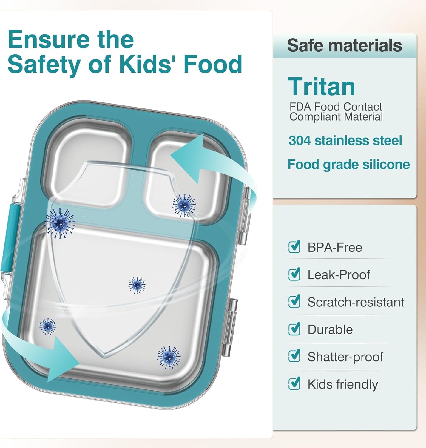 3 Compartments Stainless Steel Lunch Box, Leak-Proof Lunch Box for School Office, Dishwasher Safe, BPA-Free