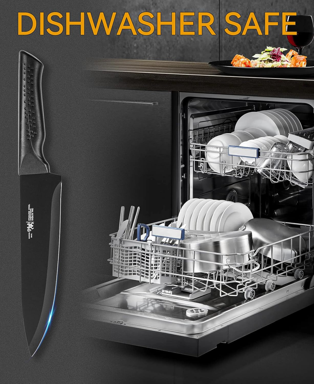 Knife Set, 15 Pcs Kitchen Knife Set with Block Self Sharpening, Dishwasher Safe, 6 Steak Knives, Anti-Slip Handle, Black