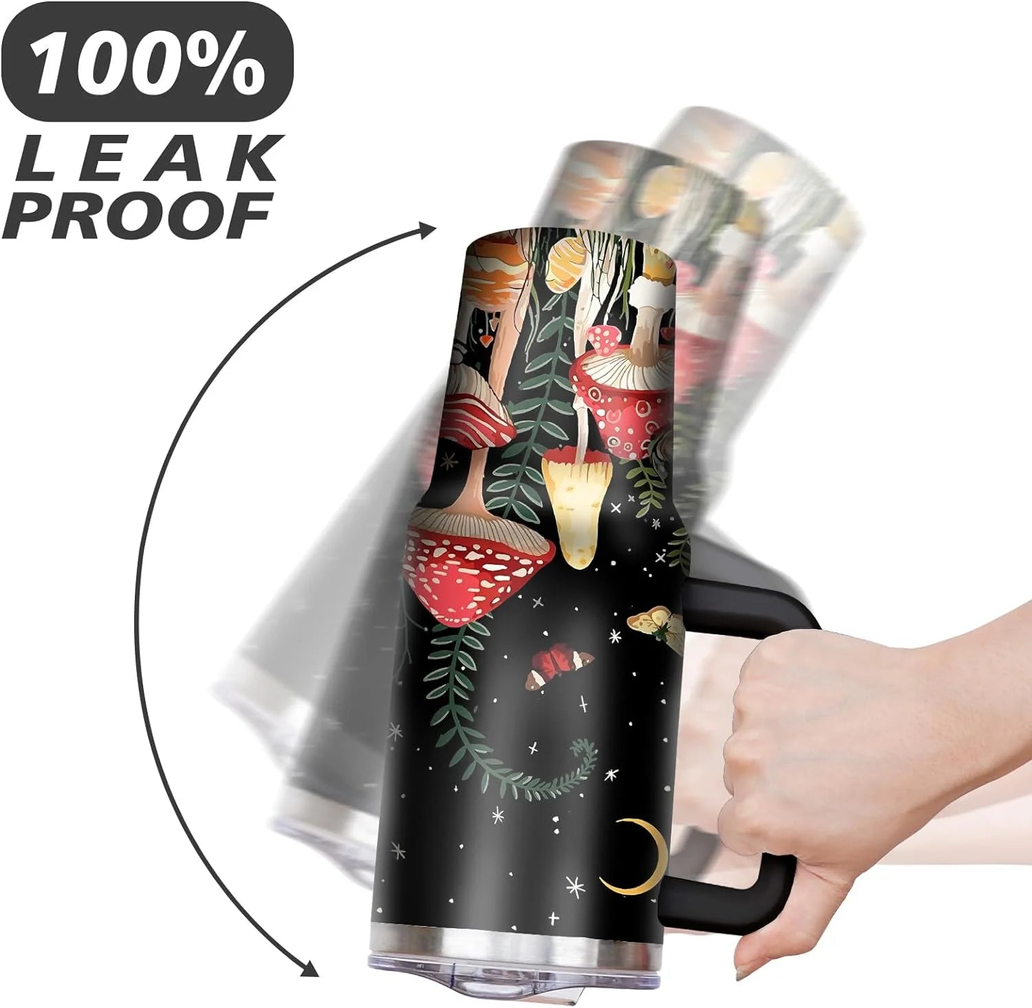Mushroom 40 Oz Tumbler with Handle and Straw, Double Wall Vacuum Insulated Stainless Steel, 100% Leak-Proof Water Bottle, Travel Mug Coffee Cup