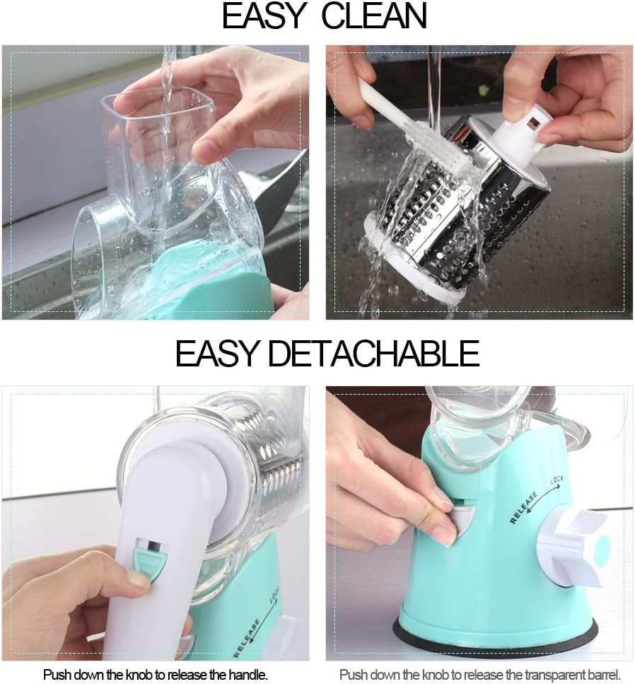 Rotary Cheese & Veggie Grater with 3 Blades – Hand Crank Slicer