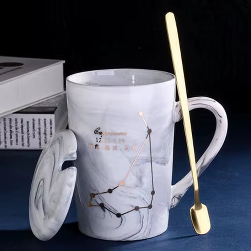 380ML Natural Marble 12 Constellation Ceramic Pink Zodiac Mug with Lid