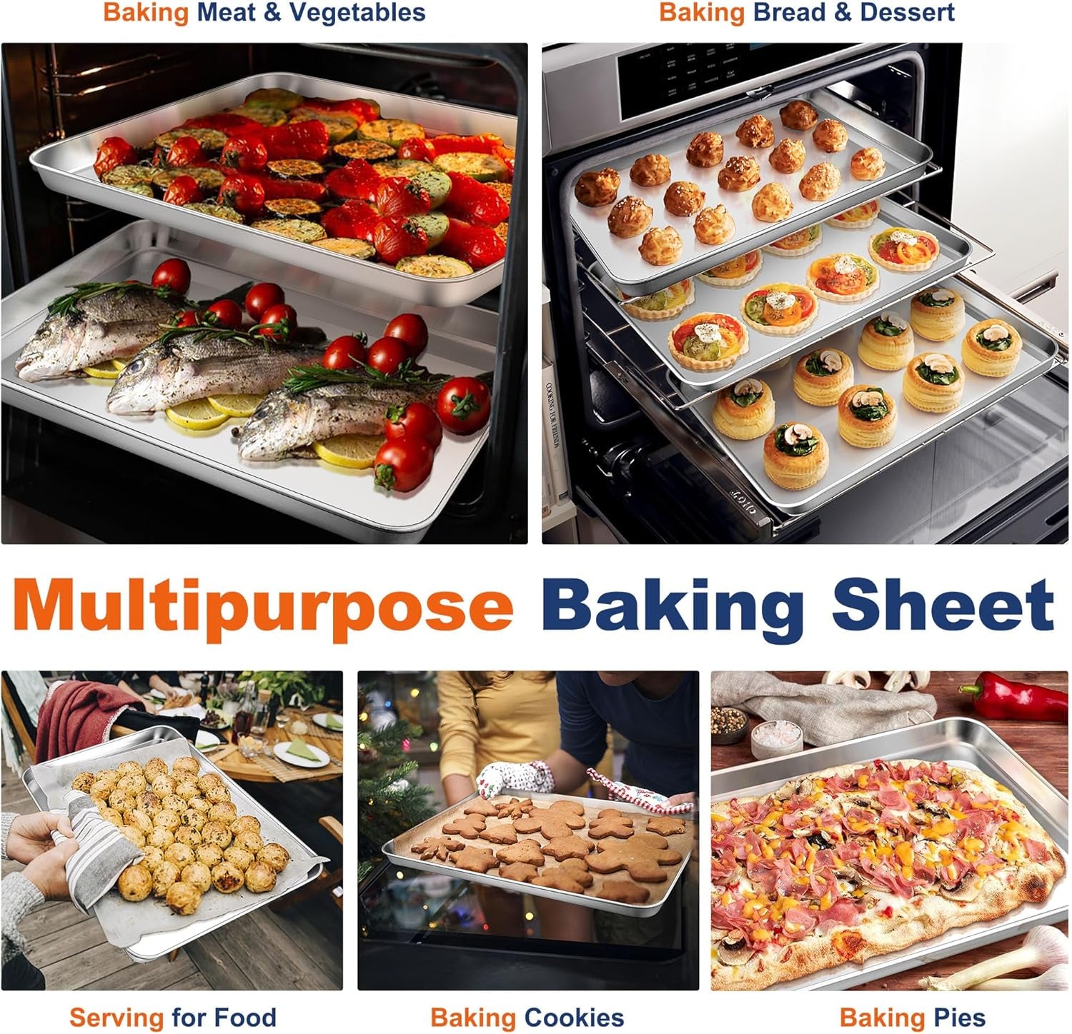 16 Inch Baking Cookie Sheet, Oven Pan Tray Stainless Steel Sheet Pan for Kitchen, Oven Bakeware for Multi Uses, Shiny Look & Dishwasher Safe, 2PCS