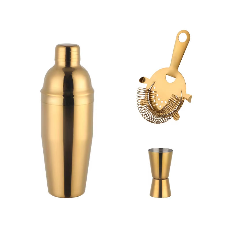 750ML Stainless Steel Boston Cocktail Set Shaker Wine Pourers Gold Bar Tool Set with Strainer Measure Cup Bartender