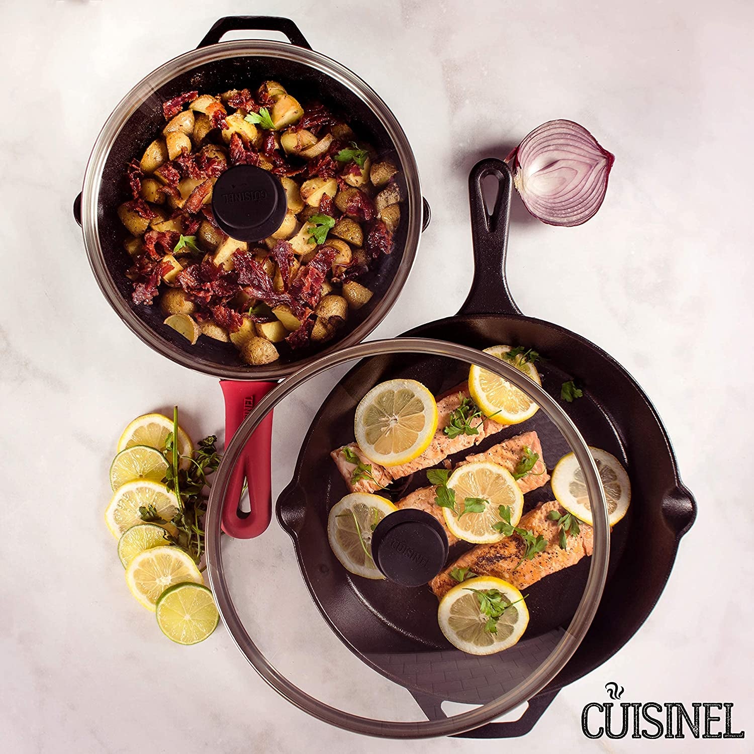 Cast Iron Skillet Set 10" & 12" Frying Pans with Glass Lids & Silicone Handle Grips