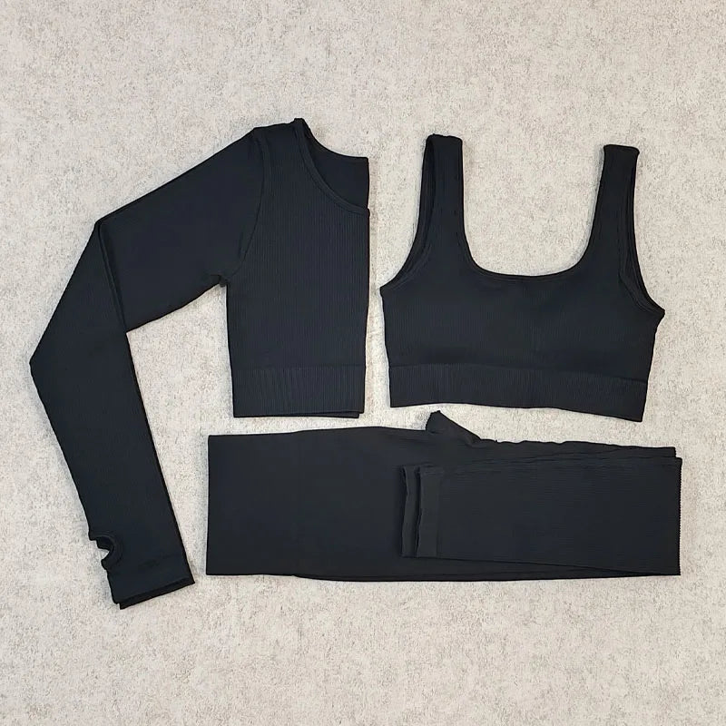 Ribbed Women Sets Fitness Suit Seamless Sportswear Sexy Gym Clothing Stripe Legging Long Sleeve Sport Outfits Woman Tracksuit