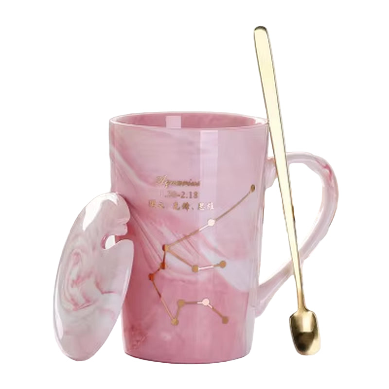 380ML Natural Marble 12 Constellation Ceramic Pink Zodiac Mug with Lid