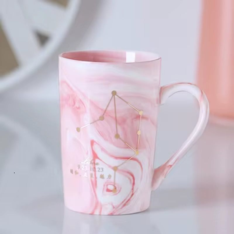 380ML Natural Marble 12 Constellation Ceramic Pink Zodiac Mug with Lid