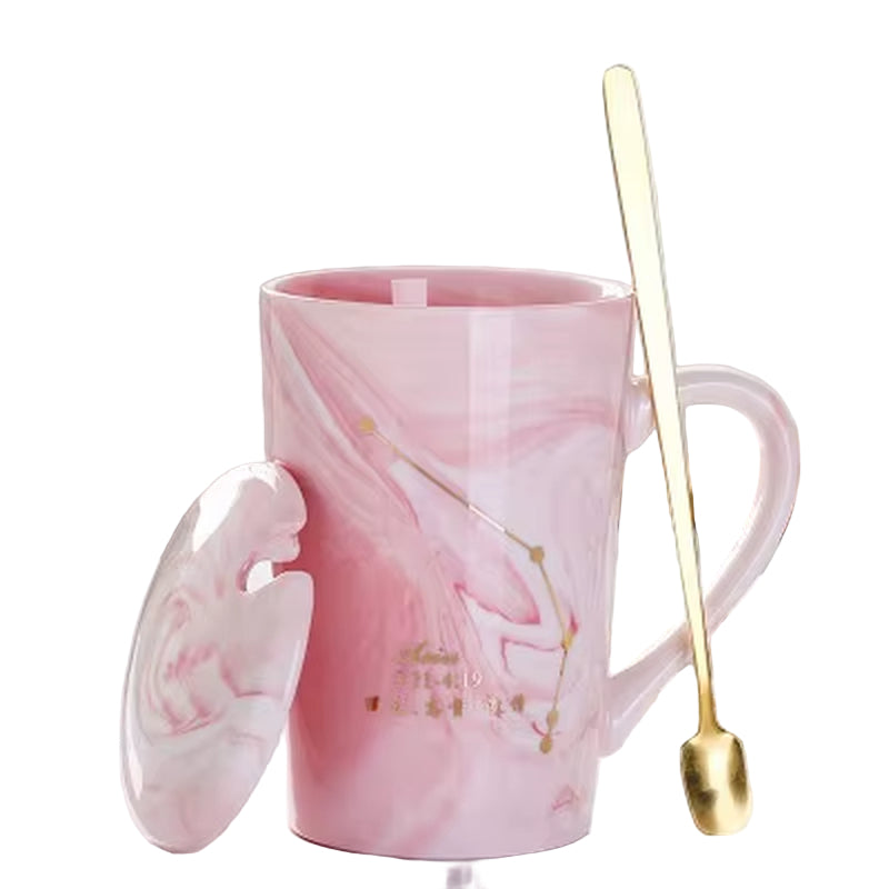 380ML Natural Marble 12 Constellation Ceramic Pink Zodiac Mug with Lid