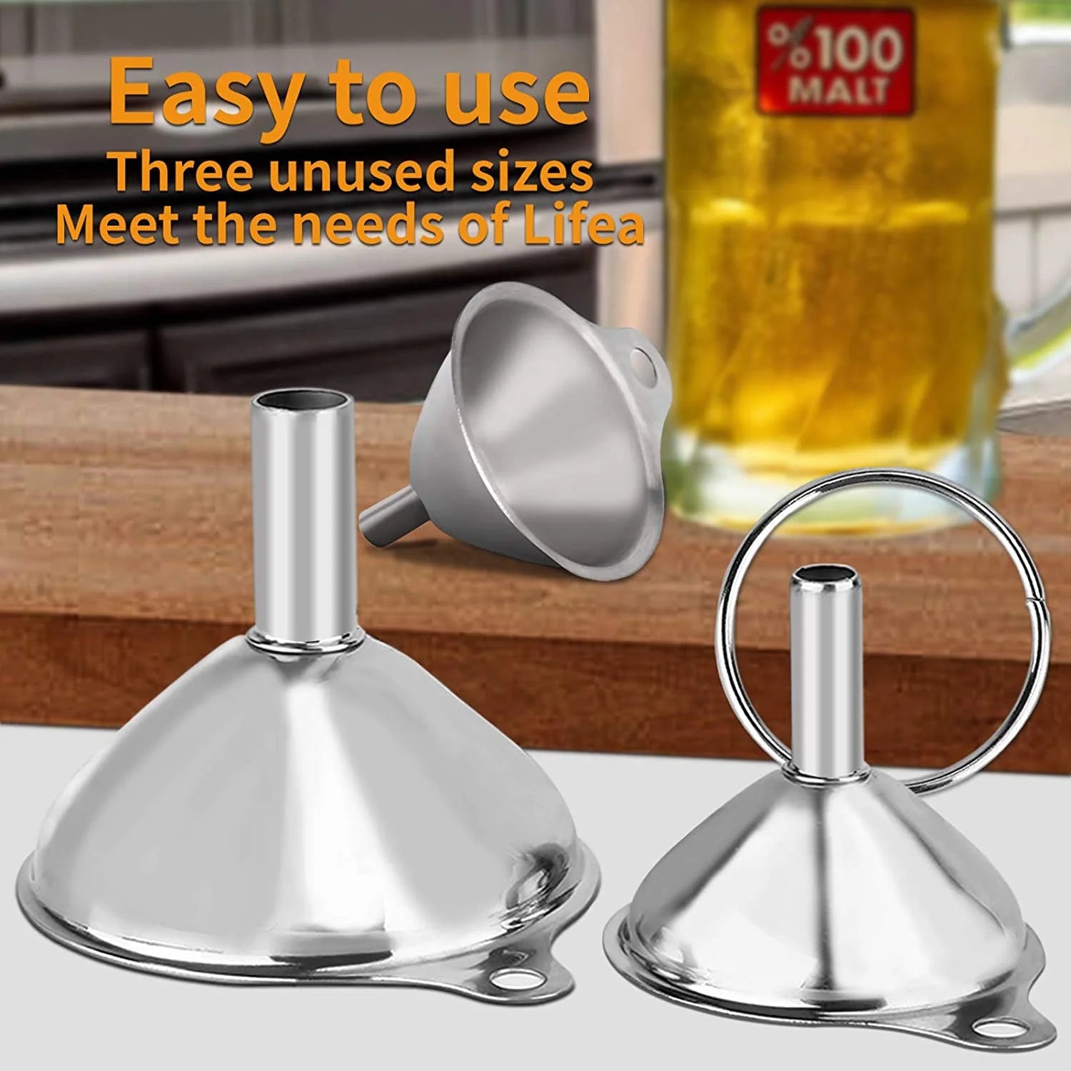 6Pcs Stainless Steel Funnel, Large Small Funnel Set of 3 for Kitchen Use Filling Bottles Flask Cooking, 2 Brushes