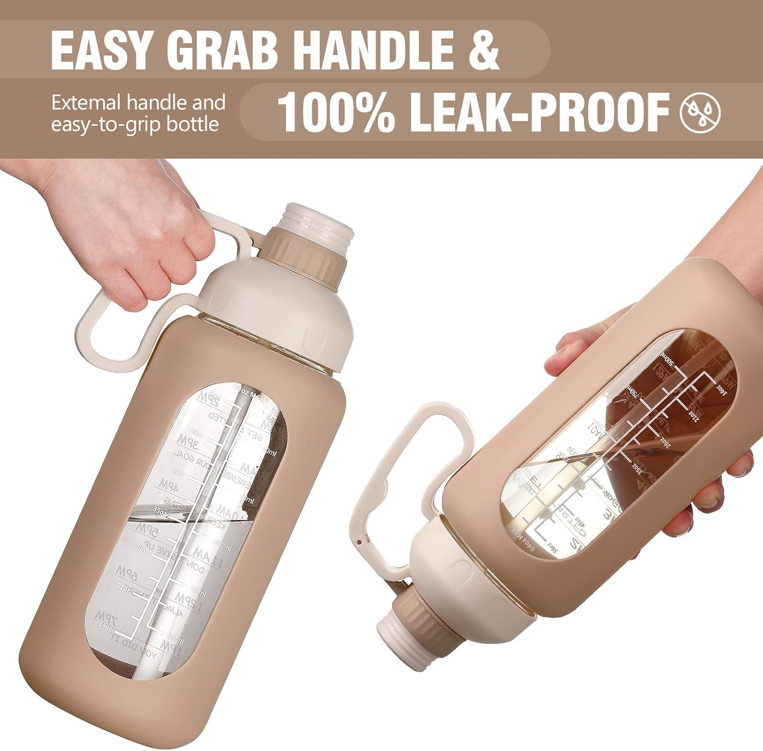 64Oz Glass Water Bottles with Straw, Half Gallon Water Jug with Time Marker, Amber