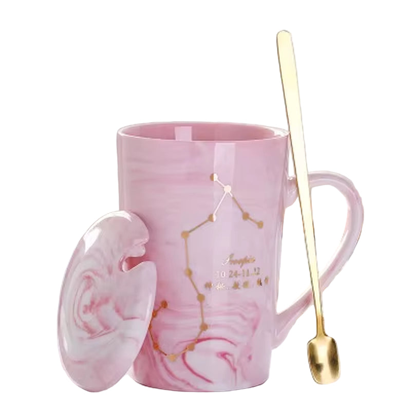 380ML Natural Marble 12 Constellation Ceramic Pink Zodiac Mug with Lid