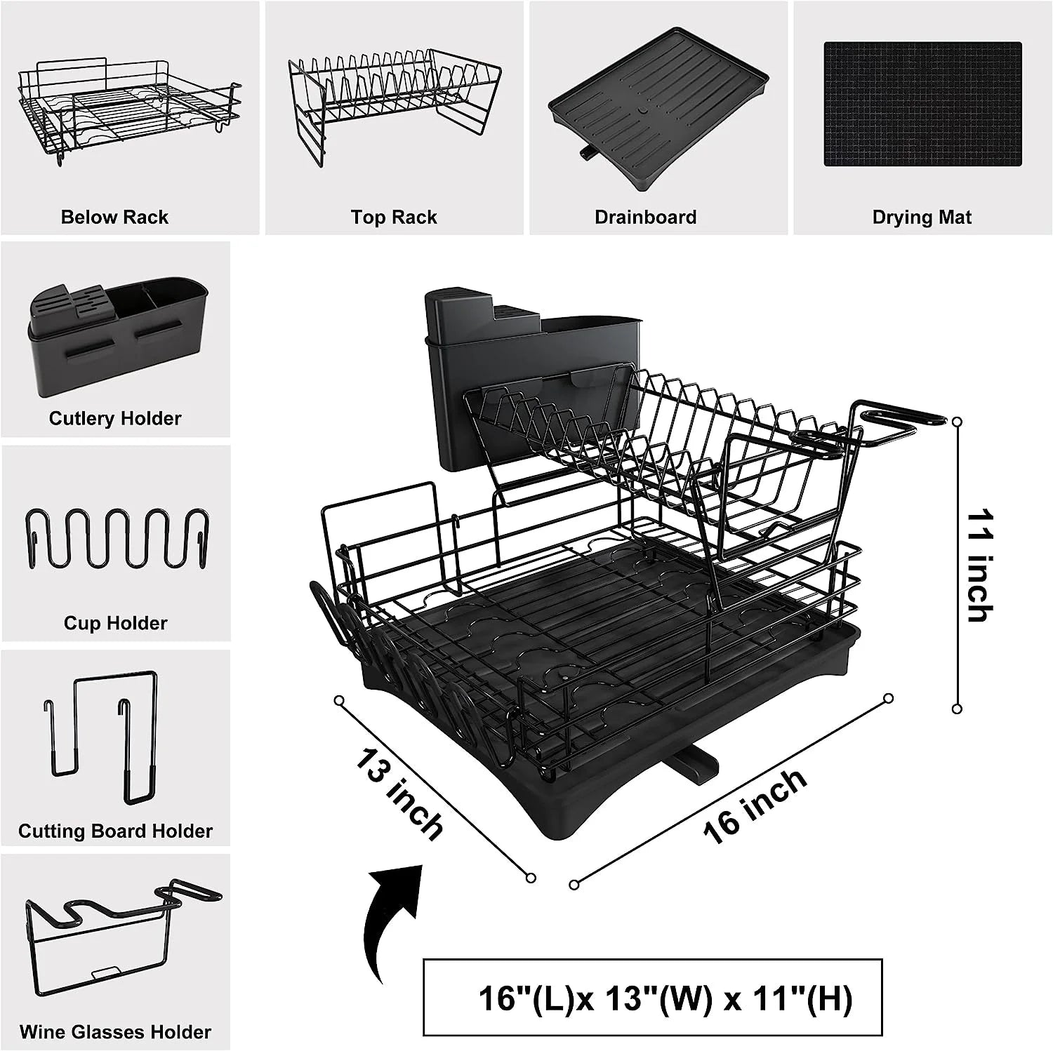 Space Saving 2 Tier Stainless Steel Dish Racks Organizer, Rust Resistant Dish Strainers - Black