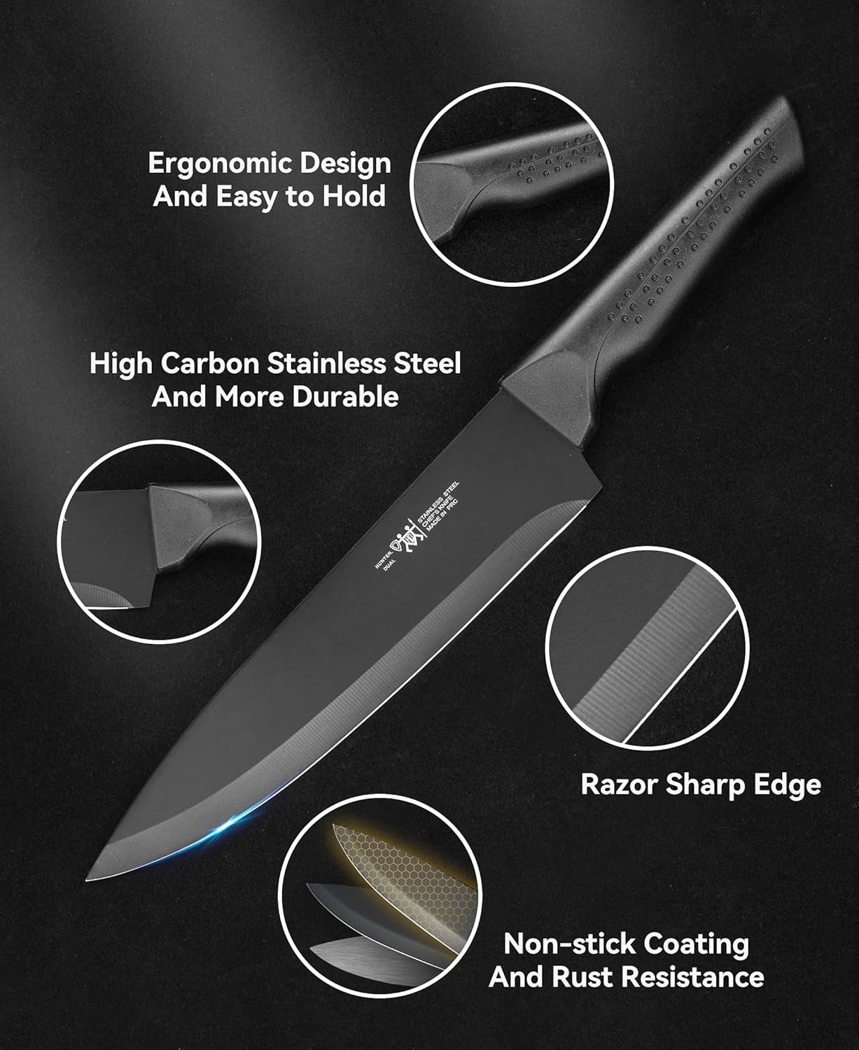 Knife Set, 15 Pcs Kitchen Knife Set with Block Self Sharpening, Dishwasher Safe, 6 Steak Knives, Anti-Slip Handle, Black