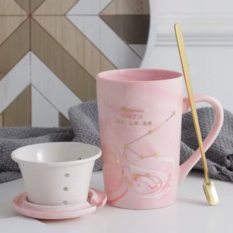 380ML Natural Marble 12 Constellation Ceramic Pink Zodiac Mug with Lid