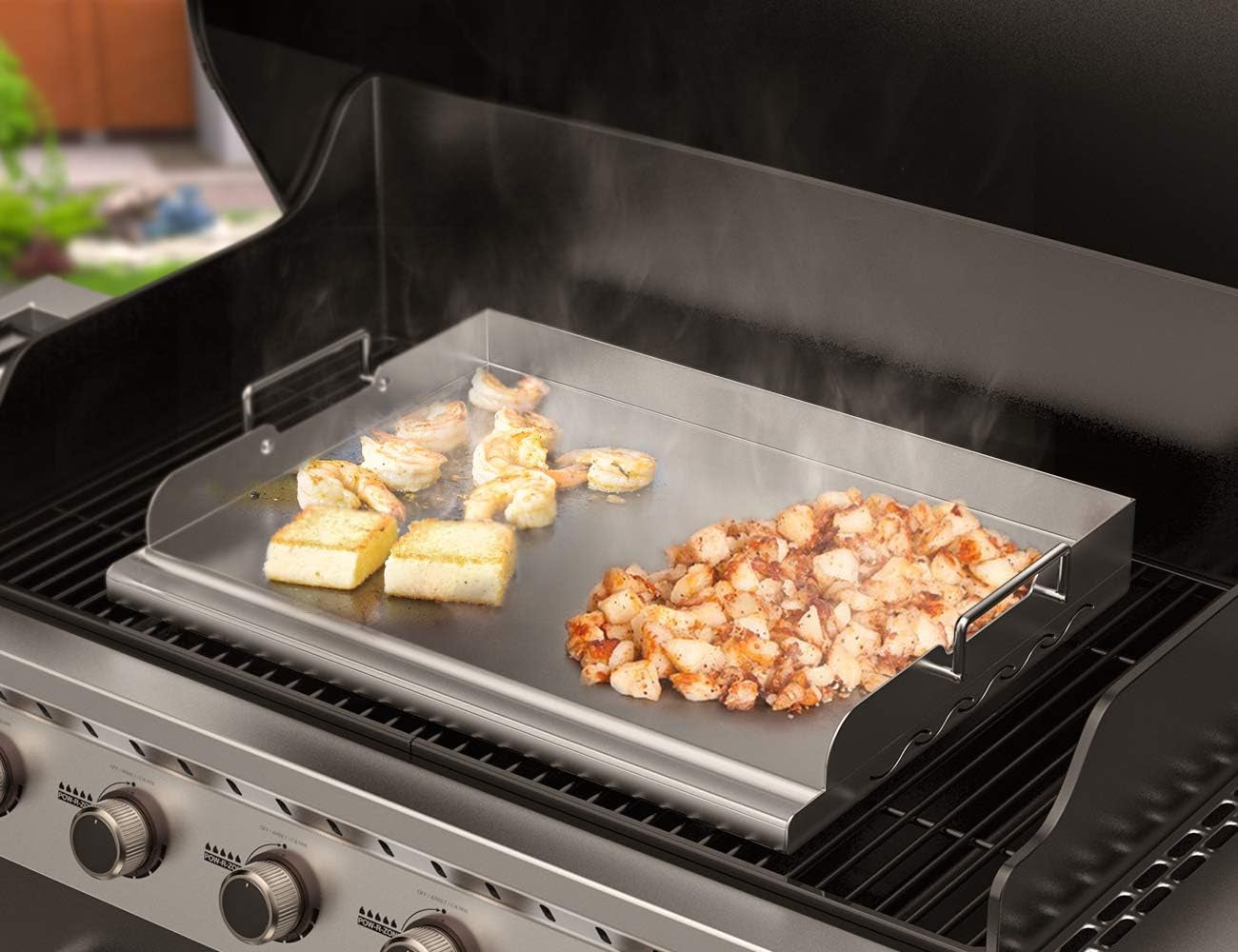 Universal Stainless Steel Griddle Flat Top Plate with Even Heating Bracing for BBQ Charcoal/Gas Grills, 17" X 13"