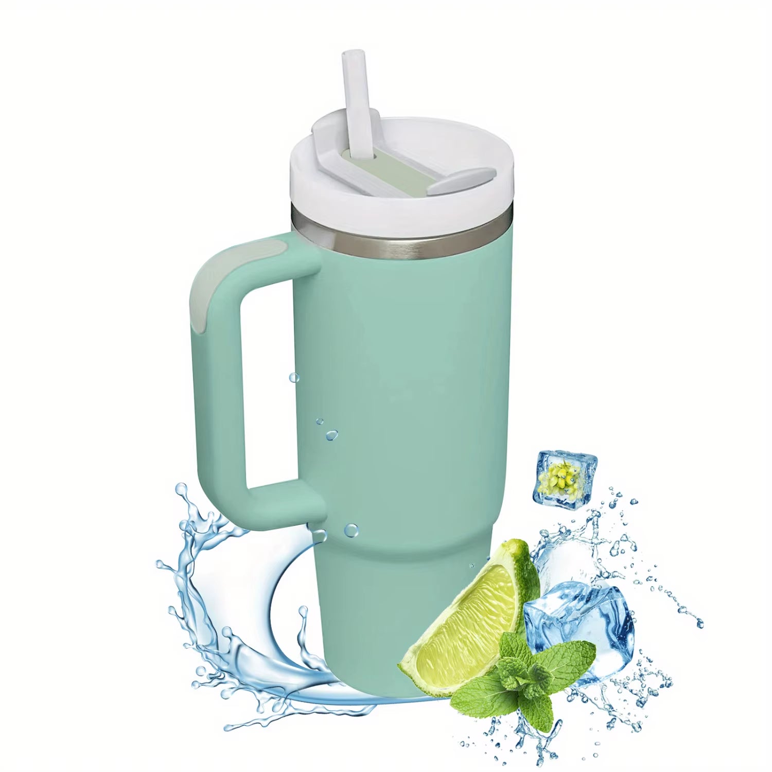 1Pc 1200Ml/40Oz Tumbler with Handle, Reusable Vacuum Insulated Bottle, with Lid and Straws, Leakproof Portable Drinking Cu