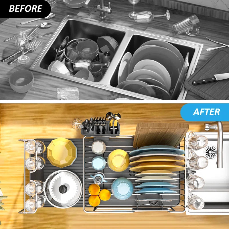 Stainless Steel Kitchen Dish Rack, Adjustable Dish Drying Rack, Plate Rack, Extra Large Capacity Dish Drainer