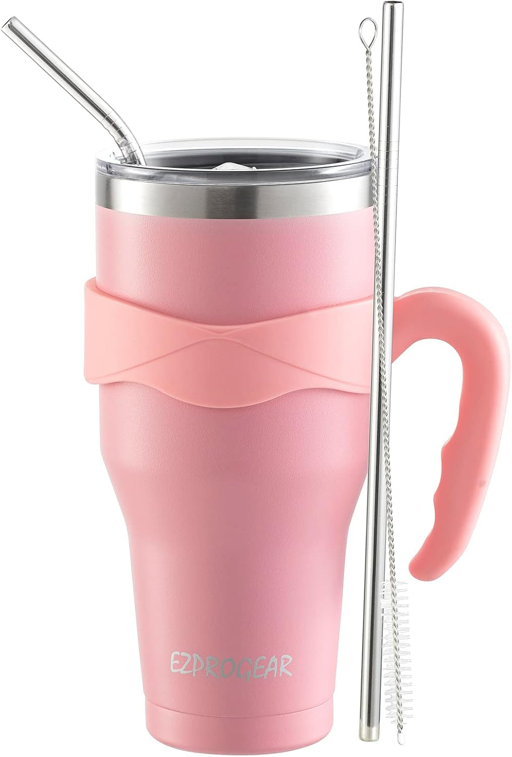 40 Oz Stainless Steel Beer Tumbler Pink Camping Mug Double Wall Vacuum Insulated with Straws and Handle (Pink)