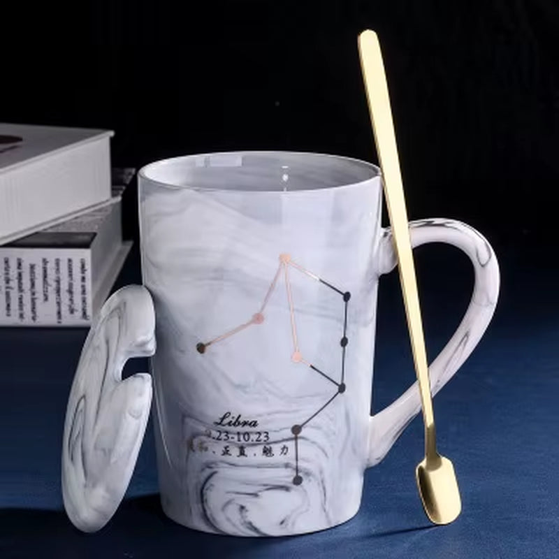 380ML Natural Marble 12 Constellation Ceramic Pink Zodiac Mug with Lid