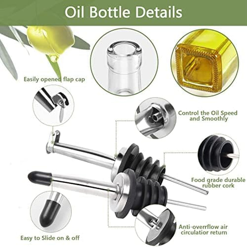 2 Pcs Glass Olive Oil Dispenser and Vinegar Dispenser Set with 2 Stainless Steel Pourers, 4 Labels,1 Brush and 1 Funnel Oil Bottles for Kitchen (500Ml)