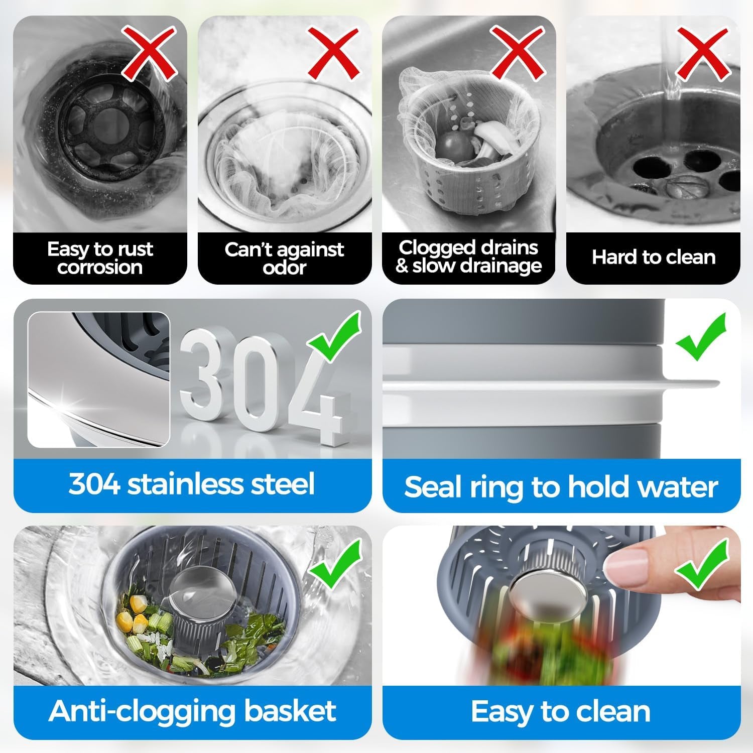 Upgraded 3In1 Kitchen Sink Drain Strainer & Sink Stopper, Stainless Steel Kitchen Drain Plug & Sink Installation Parts with Anti-Clogging Basket, Fit US Standard 3-1/2'' Sink Drain Hole