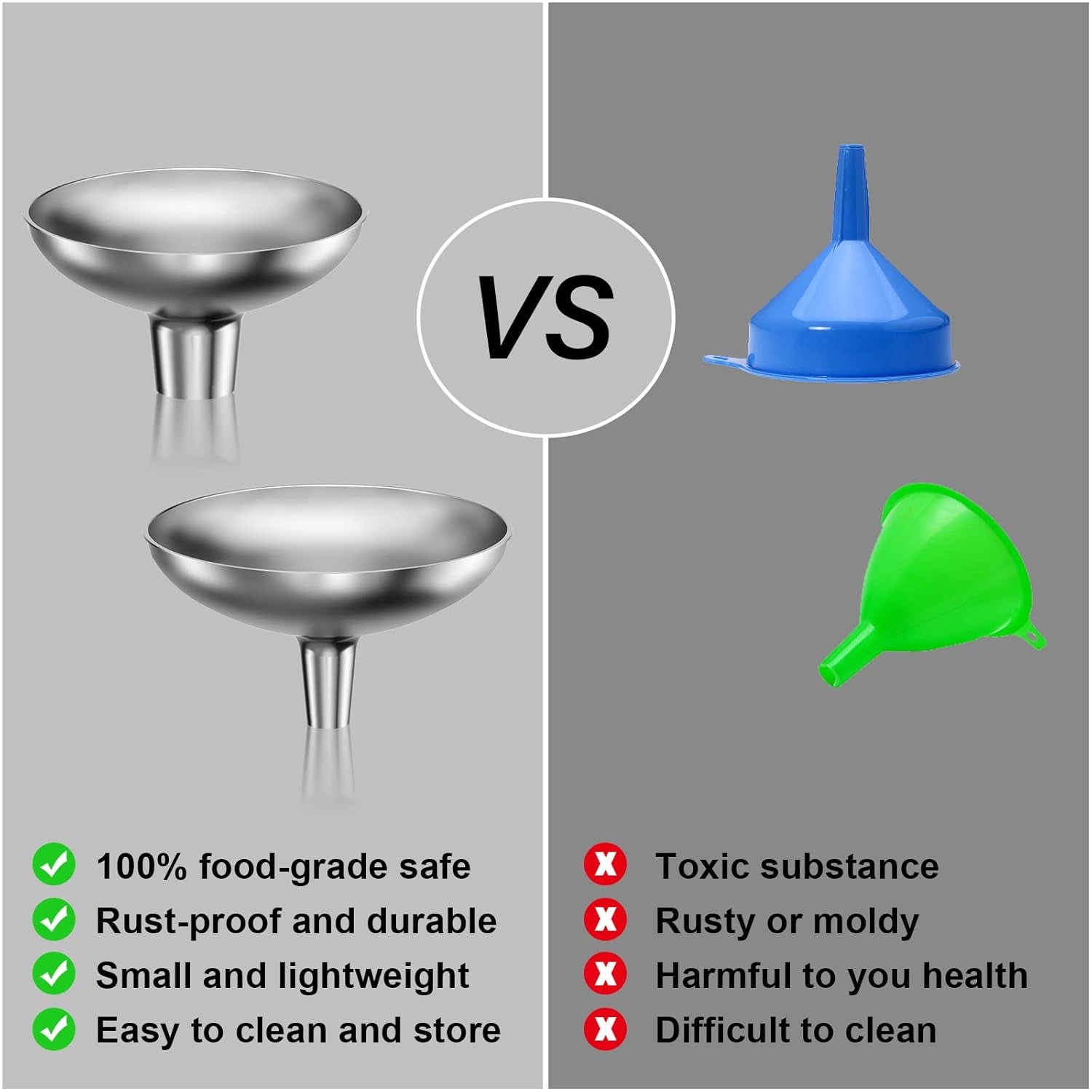 2 Large and Small Mouth Stainless Steel Funnel