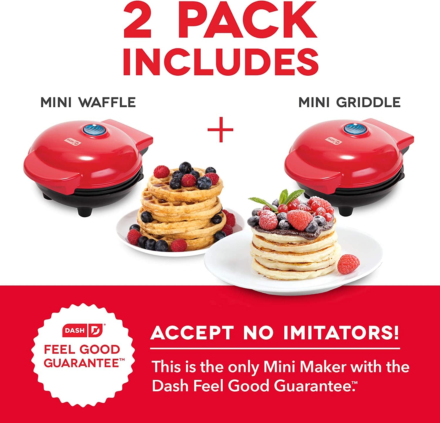 Mini Waffle Maker & Griddle 2-Pack – Compact Red Nonstick Single-Serve Cookware