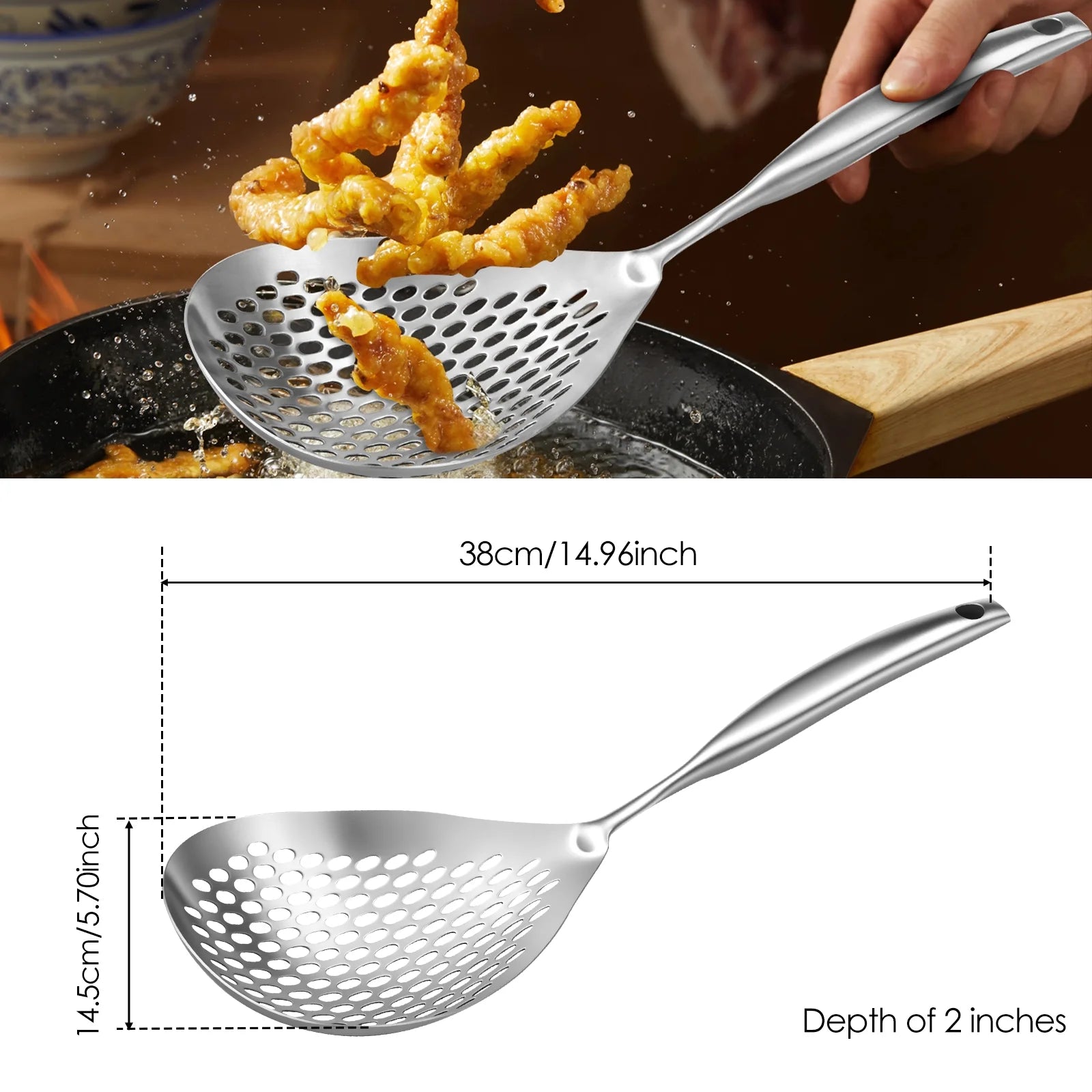 Extra Large Slotted Stainless Steel Skimmer with Long Handle for Kitchen Frying Cooking Draining