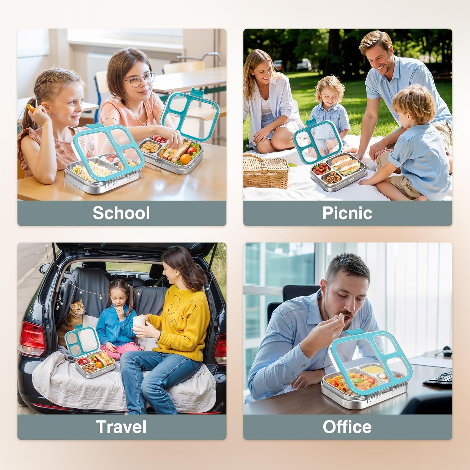 3 Compartments Stainless Steel Lunch Box, Leak-Proof Lunch Box for School Office, Dishwasher Safe, BPA-Free