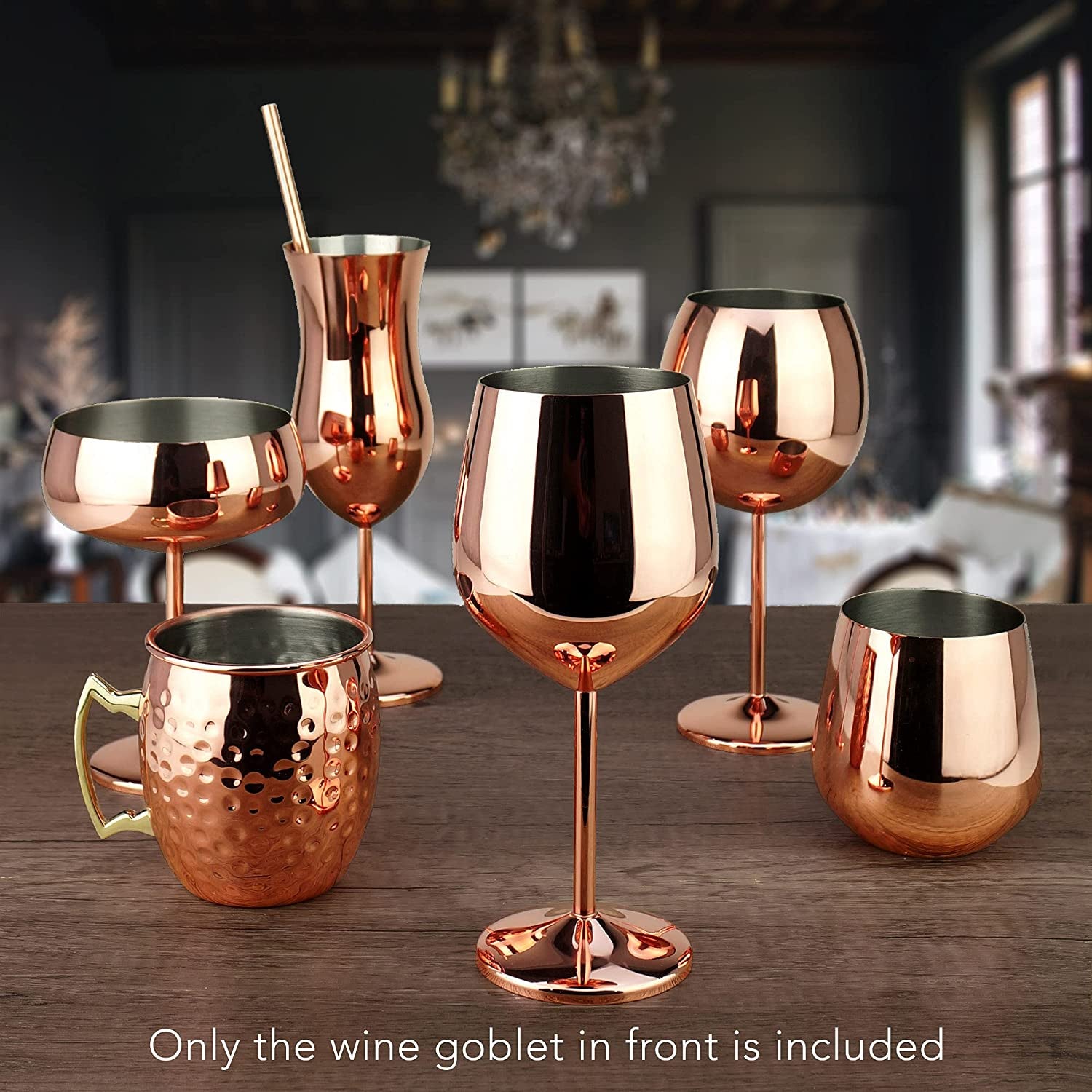 18.5 Oz Copper/Rose Gold Stem Stainless Steel Wine Glass - Set 4