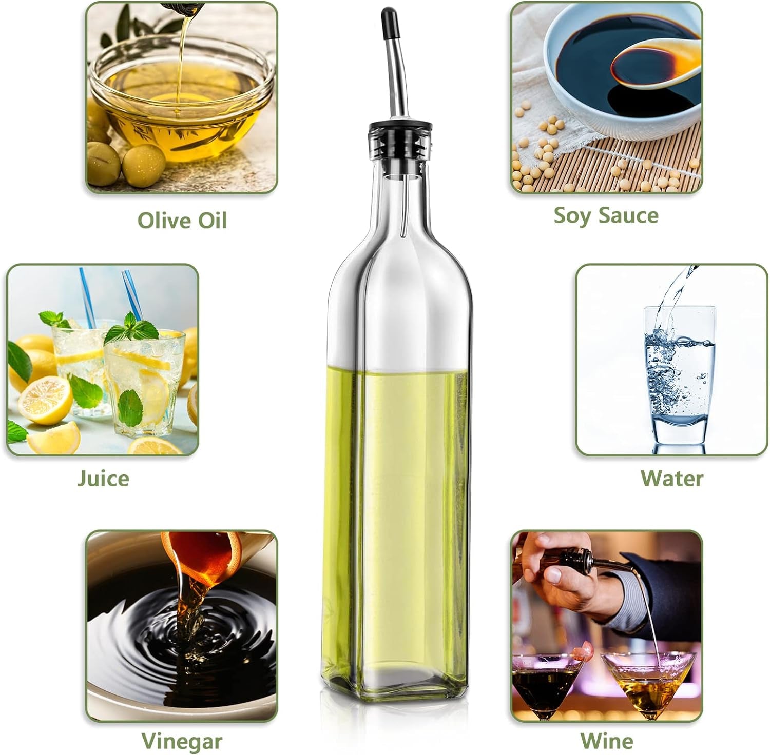 2 Pcs Glass Olive Oil Dispenser and Vinegar Dispenser Set with 2 Stainless Steel Pourers, 4 Labels,1 Brush and 1 Funnel Oil Bottles for Kitchen (500Ml)