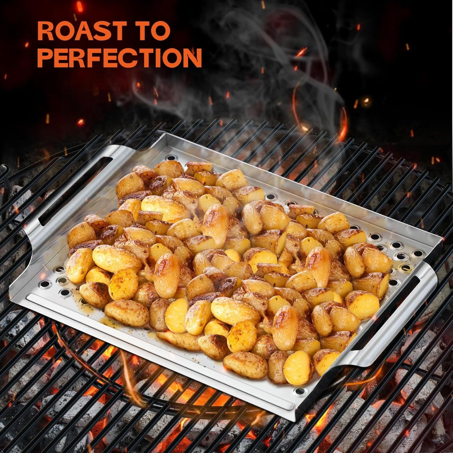 Stainless Steel Nonstick Grill Topper Grid BBQ Tray with Perforated Bottom and Handles