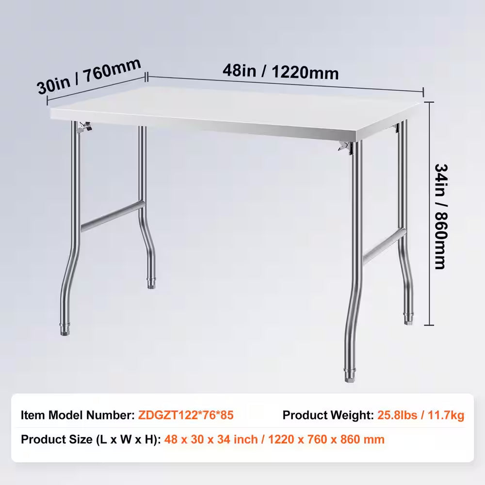 48 X 30 Inches Folding Table Stainless Steel with Heavy-Duty Workstation, 300 Lbs. Load