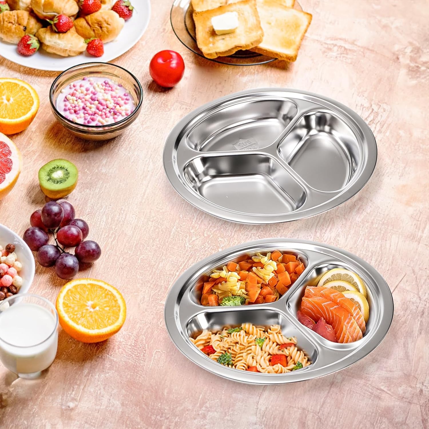 4 Pack Stainless Steel round Divided Plates, 9.5 Inch Dinner Snack Plates with 3 Compartment