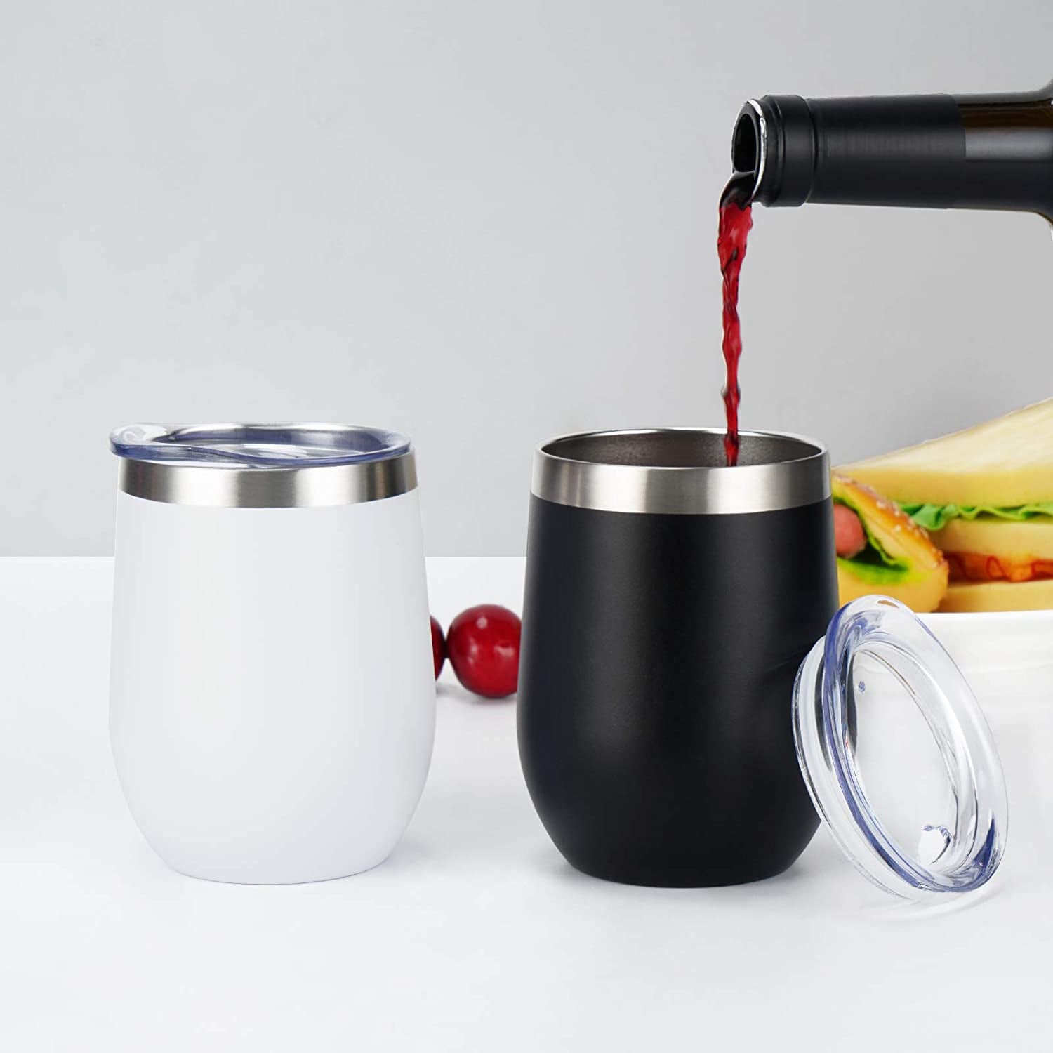 12-Pack 12oz Stainless Steel Wine Tumblers – Double Wall Vacuum Insulated with Lids & Straws